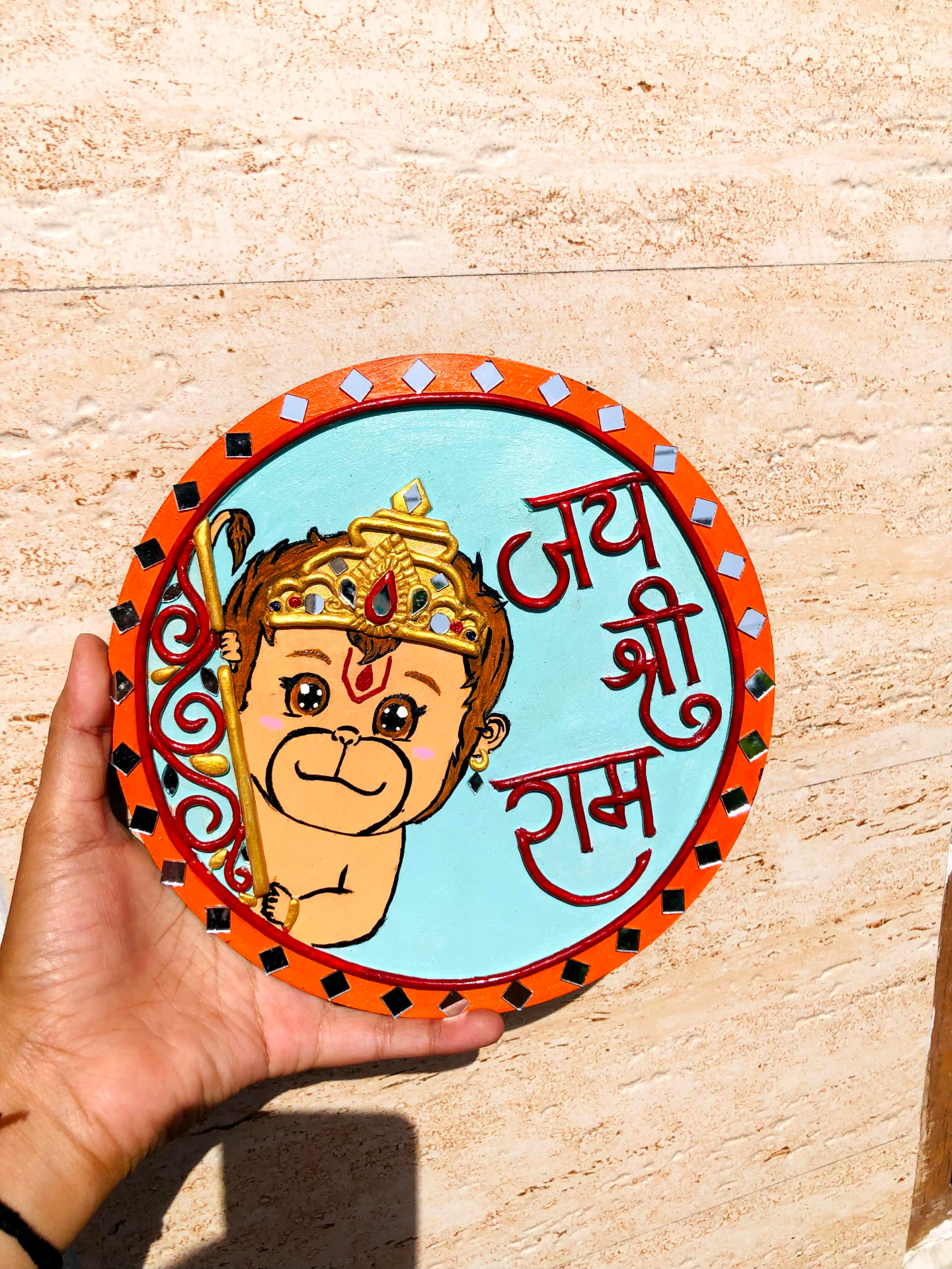 Hand-painted Hanuman Lippan artwork with Hindi lettering